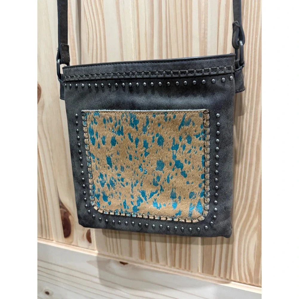 Trinity Ranch Crossbody Bag Gray Turquoise Acid Wash Cowhide Studded Western